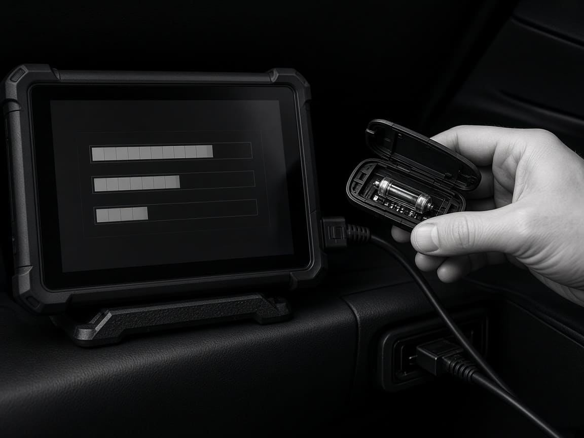 Geöffneter Autoschlüssel mit Transponderchip neben einem Programmiergerät am Fahrzeug